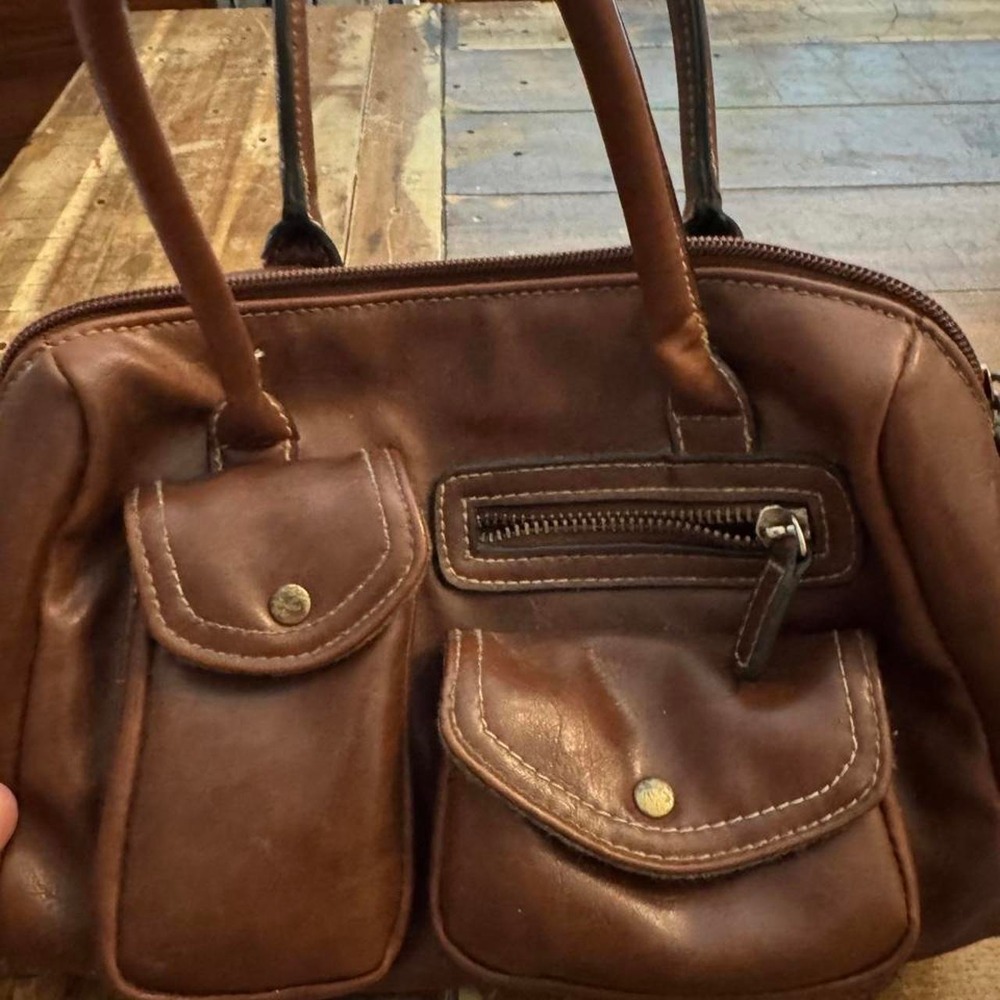 Vintage Brown Leather Multi Pocket Satchel Bag Y2K Utility Handbag